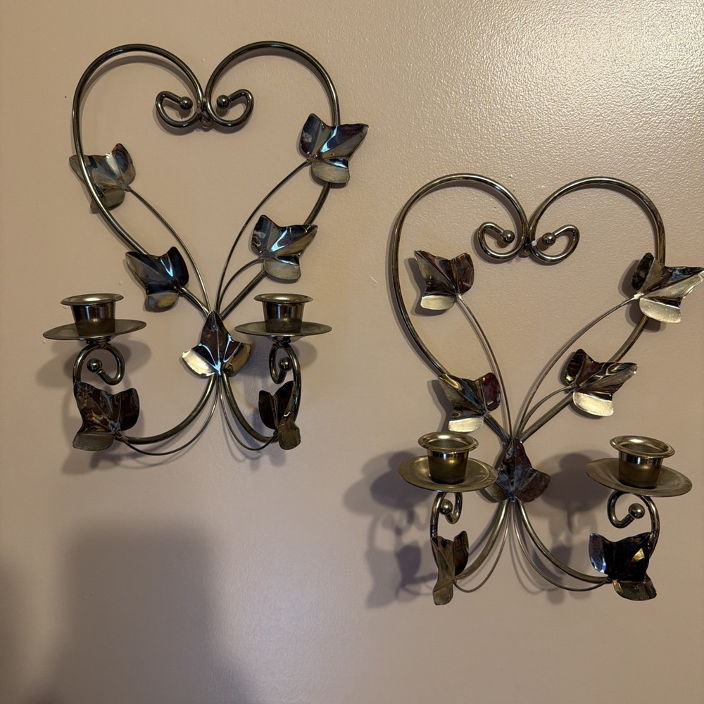 Vintage Pair Of Brass Wall Sconce Candle Holders Scroll And Leaf Design 11"x8"